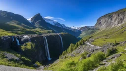 Stigfossen, rocky hilltop, valley, waterfall, road, mountains, sky, beautiful composition, award-winning photograph, astonishing realism, 28mm lens, adjust perspective