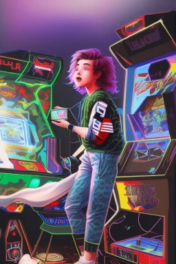 a millineal teenage boy is playing video arcade games, bright colored clothes from the 90s, hairstyles of that time, comic style