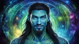 beautiful gorgeous young man na'vi with long hair, Avatar, blue skin, two small ears, green eyes, black hair, in cosmic suit, galactic ambiance, medium pointy goatee , smiling, nebulas and sacred geometry light figures on the backgroud,