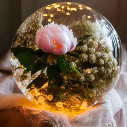 Cinematic shot of peonies inside a crystal lace globe, glass, crystal, linen, dewdrops, warm lighting, luxurious