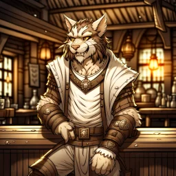 A distressed male khajiit from Skyrim dressed in dirty rags with brown spotted fur in a medieval fantasy tavern cartoon