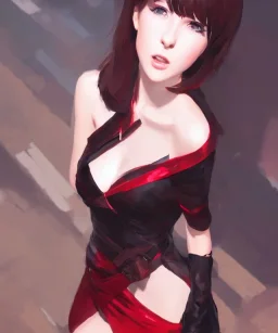 Insane pretty young woman short red black dressed. by wlop, ilya kuvshinov, krenz cushart, greg rutkowski, pixiv, sarah j. maas book cover style magician at the end of a corridor, smooth, sharp focus, d & d style, artstation, 4 k, hdr