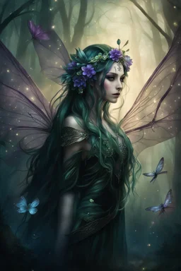 Blomde hair , , dark Fairy wings Purple hair,water lilies,dark fairy princess,nymph,elven crown,dragonflies,tiara,,gothic,glitter,rapunzel hair, very long hair,green eyes,