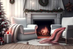 big white chair with a blanket beside the table with a mug in living room with Christmas wooden interior and fireplace , 8k , cinematic