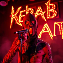 a very thin swedish man, with a skimask with only a hole for the mouth (no eyes), he is called "KEBAB MAN" performing at death metal club, his name is "KEBAB MAN" kebab rolls On stage, kebab Neon lights and smog, and "KEBAB MAN" big sign on the wall, kebab tribal tattooes, spinning kebab machines, flames and smoke, chaos, he singing with mic,