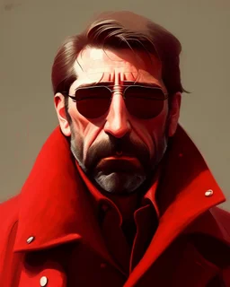 a man who looks like hans gruber wearing a trench coat and red sunglasses staring with a judgmental look on his face