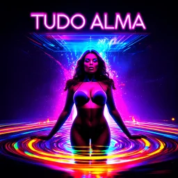 A electronic album cover with a vibrant and dynamic design. The title 'TUDO ALMA' is the only text prominently displayed in sleek, neon-colored typography that glows against a dark purple, space-like background. The central image features a woman made of full light, their body dissolving into a stream of colorful data and sound waves, symbolizing the fusion of soul. Surrounding the figure are abstract waves patterns, all pulsating with energy, creating a sense of movement and rhythm.