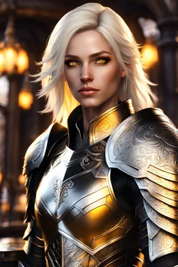 yellow eyes, female paladin aasimar, platinum blonde hair, detailed ornamental armor, 8k, high detail,tavern background, facing viewer