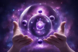 kundalini, connected to the universe, purple galaxy, holding universes in glass balls in hands