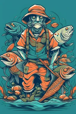 A ilustration of FISHMEN,COLOR. middle ground design, t-shirt design, no black ground, vector, 4k