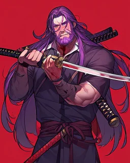 Man with Purple long hair, purple eyes with murderous intent, He wears an assassin's outfit, carries a katana, dark red background, his face is stained with blood on his cheeks, he has a calm and cold expression, and He is a 15-year-old man, You have a "Z" mark on your clothes