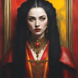 a beautiful black-haired female vampire Queen, wearing a red leather sling suit with a gold/yellow bat emblem on the waist, dark, multicolored watercolor stained wall in the background, oil painting in the art style of Gilbert Stuart, 32k UHD, Hyper realistic, photorealistic, realistic, sharp, highly detailed, professional quality, beautiful, awesome, majestic, superb, trending on artstation