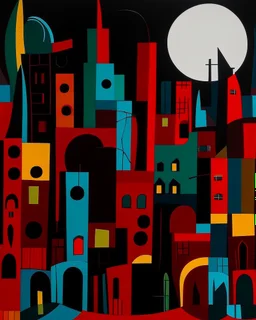 A dark brownish scarlet urban city with warped moons painted by Stuart Davis