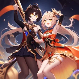 Clear focus,High resolution, Brown long straight hair, and yellow eyes, wearing a Genshin Impact Inspired outfit,Wearing a short skirt, Color pallete red orange black, dancing in the moonlight, Potrait, Smiling, Holding a sword