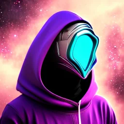 purple galaxy masked hooded super villain, futuristic, teal and purple smoke, full portrait, hyper realistic, 4k