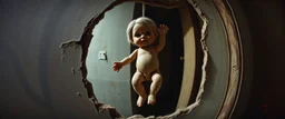 terror doll barely hanging on, master oil painting by Escher and Giger, sodom in the style of Fallout 4, pinhole cam pic, dimensional door, tear in the fabric of reality