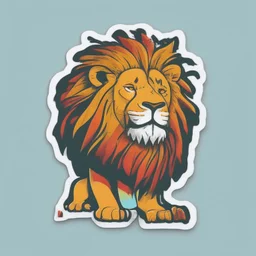 A sticker design in a minimalistic style featuring a caricature lion in vivid colors. The subject is presented alone on a neutral background.