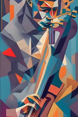 A captivating, cubist-inspired portrait of a musician playing their instrument, using fragmented shapes, lines, and a harmonious color palette to deconstruct the subject's features and express the rhythm and emotion of their music.