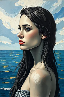 A textured oil painting rough, impressionistic portrait of a young woman tatto with long flowing hair, gazing thoughtfully towards a serene ocean horizon. Her face is sculpted in muted tones of gray and white, conveying a sense of introspection. The background features a dramatic sky with swirling shades of blue and white, and a soft golden light reflecting on the water's surface, enhancing the contemplative mood of the scene. Little teks shining gold Ferra Art in the corner
