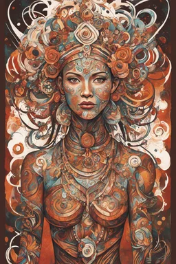 create an abstract expressionist full body illustration of a deeply spiritual, ethereal, darkly magical, Nordic nomadic tribal matriarch with highly detailed and deeply cut facial features, searing lines and forceful strokes, precisely drawn, boldly inked, with rich striking earth tone colors