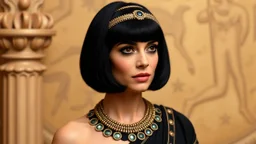 Claudette Colbert dressed as cleopatra with a black bob hairstyle with bangs