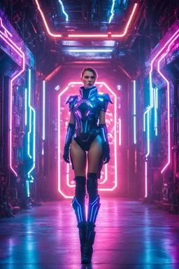 Full body photography super model Russian Beautiful woman dressing futuristic cyberpunk armor, colors lighting, extreme neons colors lightning, surrounded by colors electricity