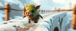 fast and clever cute little evil moss pig named yutt on wild run through air, on icy bridge, motion blur, standing by the guard rails, fantasy 3d realm
