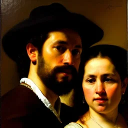 portrait of Jacobo Santiago Mozos born in 1976 and Gemma Arnau Arnau born in 1979,by Rembrandt, oil on canvas, cinematic composition, extreme detail,8k,fit full head inside picture