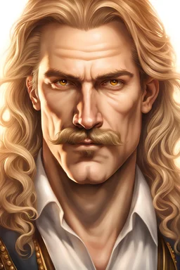 A tall, middle-aged male Human that has shoulder length, wavy honey colored hair. He has a honey shaded, thick mustache, with amber eyes and pale shaded skin. Character portait, 16k HD, photo-realistic, scifi-fantasy, intricate detailing, accent lighting.