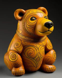 A yellowish orange colored earth elemental bear designed in African pottery painted by Grant Wood