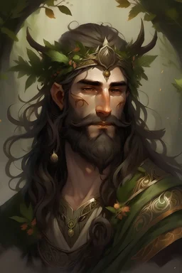Generate character art for a wood elf, drawing inspiration from the classical image of Dionysus. Envision him with long, flowing dark hair and a beard, embodying the untamed allure associated with the god of wine and revelry. Give him body hair to match his beard. Embrace the Dionysian spirit by infusing the artwork with symbols of celebration.