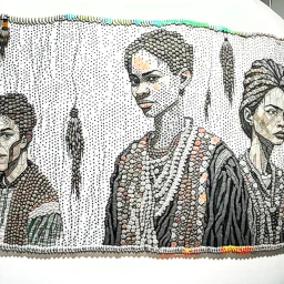 A Wide Panel in which 5-6 potraits are deveped with Wool threads tapestry artwork connected with each other through threads,