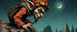 the fool from major arcana,on the edge of a cliff, close up portrait of dj magic kobold gremlin farmer pilot looking down on cam, with background in the style of escher and giger, a chill contrapunctus fugue in the style of fsol, beethoven,