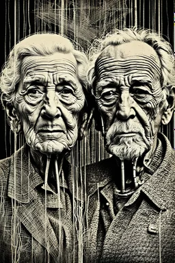 an old couple faces olae vintage photo with stronge glich technique, grey-brown, defects, graininess, white noise, lines, scratches, glitch art