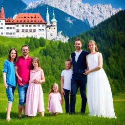 austrian Family posing in front of an Austrian castle, Alps, 8k, HD, cinematography, photorealistic, Cinematic, Color Grading, Ultra-Wide Angle, Depth of Field, hyper-detailed, beautifully color-coded, insane details, intricate details, beautifully color graded, Cinematic, Color Grading, Editorial Photography, Depth of Field, DOF, Tilt Blur, White Balance, 32k, Super-Resolution, Megapixel, ProPhoto RGB, VR, Halfrear Lighting, Backlight, Natural Lighting, Incandes