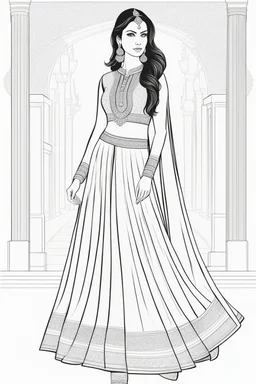 Coloring page for adults of a elegant fashion model woman wearing hindi dress, dynamic poses, full body portrait, thick and clean lines, clean details, no-color, no-turban, , non background, non color, non shading, no-grayscale, dynamic poses, full body portrait, thick and clean lines, clean details, no-color, no-turban, , non background, non color, non shading, no-grayscale