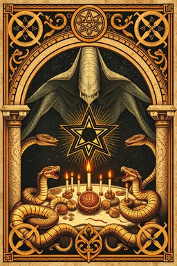 a myrriad and a star golem feast framed with snakes and celtic symbols