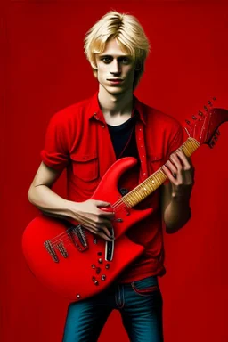 A young man with blonde hair, red shirt, red trousers and holding a black guitar
