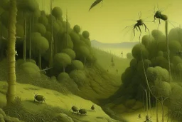 An olive green kingdom with insects painted by Caspar David Friedrich