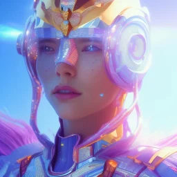 A portrait of a crystalised blue pink extraterrestrial, gold, diamonds, sunny background, atmospheric, realistic, unreal engine, 8k. Cinematic lighting, octane render.