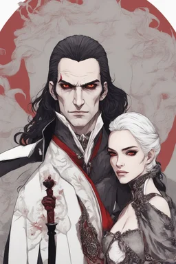 Vampire count Strahd Von Zarovich has long black hair and red eyes, with a woman with white hair