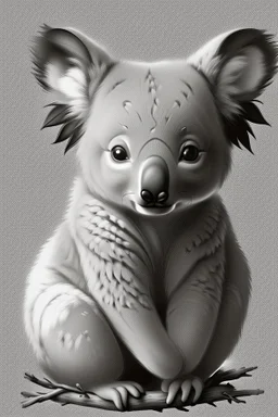 A delightful coloring page design showcasing an adorable baby koala in a charmingly naive art style. The artist has skillfully created a whimsical scene with minimal details and a focus on bold, thick black outlines. The endearing fox, prominently positioned in the center, is the highlight of this illustration. The all-white background beautifully complements the simplistic design, allowing young artists to unleash their creativity. As the baby fox takes center stage, a subtle hint of its