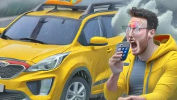 guy in hurricane arguing on cellphone next to his kia sportage shaped like a lemon