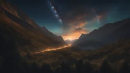 A stunning night sky seen from the bottom of a steep valley. exquisite realism, a masterpiece, fantasy concept art, dynamic lighting, hyperdetailed, intricately detailed, deep color, Unreal Engine, volumetric lighting, Epic cinematic brilliant stunning intricate meticulously detailed dramatic atmospheric maximalist digital matte painting