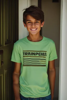 15 year old young boy with lightly tanned skin and brown hair wearing a teeshirt, standing by a door, smiling, 4k