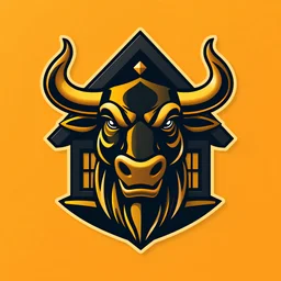 Awesome logo of a house with happy Bull's Head , gold and black. golden background , Golden house, Deep color,strong detail,reflecting strength,progress and stability, complementary colors, 8k resolution , 3d shading