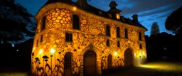 A yellow castle with glowing mushrooms designed in Bayeux tapestry painted by Pablo Picasso