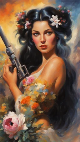 beautiful girl ,mugshot, Planet of the Vulcans, multicolored, large, floral designs, atmospheric, beautiful, oil painting by Frank Frazetta, 4k UHD, Photorealistic, professional quality