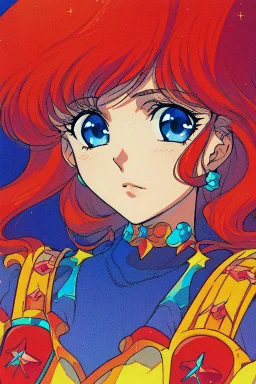 1girl, retro anime, 80's, redhead,Portrait of beautiful woman, sparkling dark blue eyes,