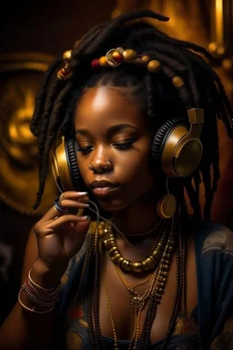 earthy black young woman listening to music with small old school headphones, soul, peace, majestic, earthy colours, at peace, happy, incense, jewels, bands, natural, old school headphones, blasian eyes, incense, very dark skin, crystals, gold arm bands, locs with beads